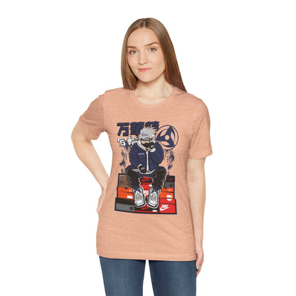 Anime Sneakerhead Tee — Sitting Character on Shoe Boxes with Japanese Text