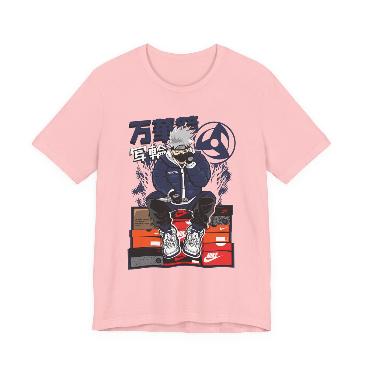Anime Sneakerhead Tee — Sitting Character on Shoe Boxes with Japanese Text
