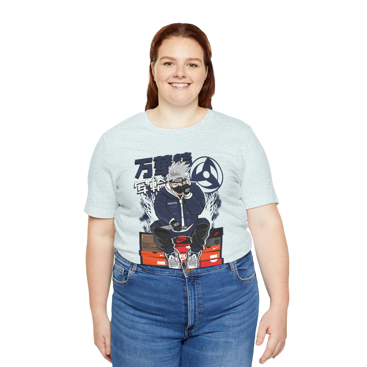 Anime Sneakerhead Tee — Sitting Character on Shoe Boxes with Japanese Text