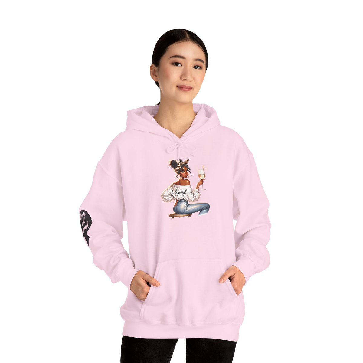 Cozy Chick Hoodie — Fashionable Woman Relaxing with Coffee Graphic Hooded Sweatshirt