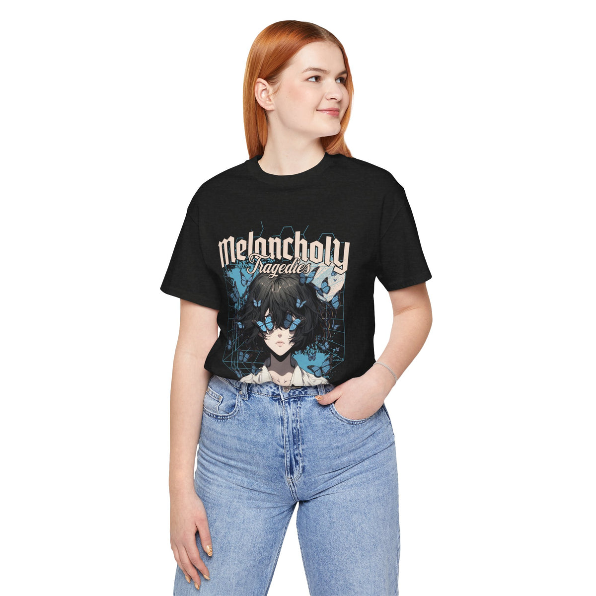 Melancholy Tragedia Anime Tee — Blue Butterflies Graphic T-Shirt