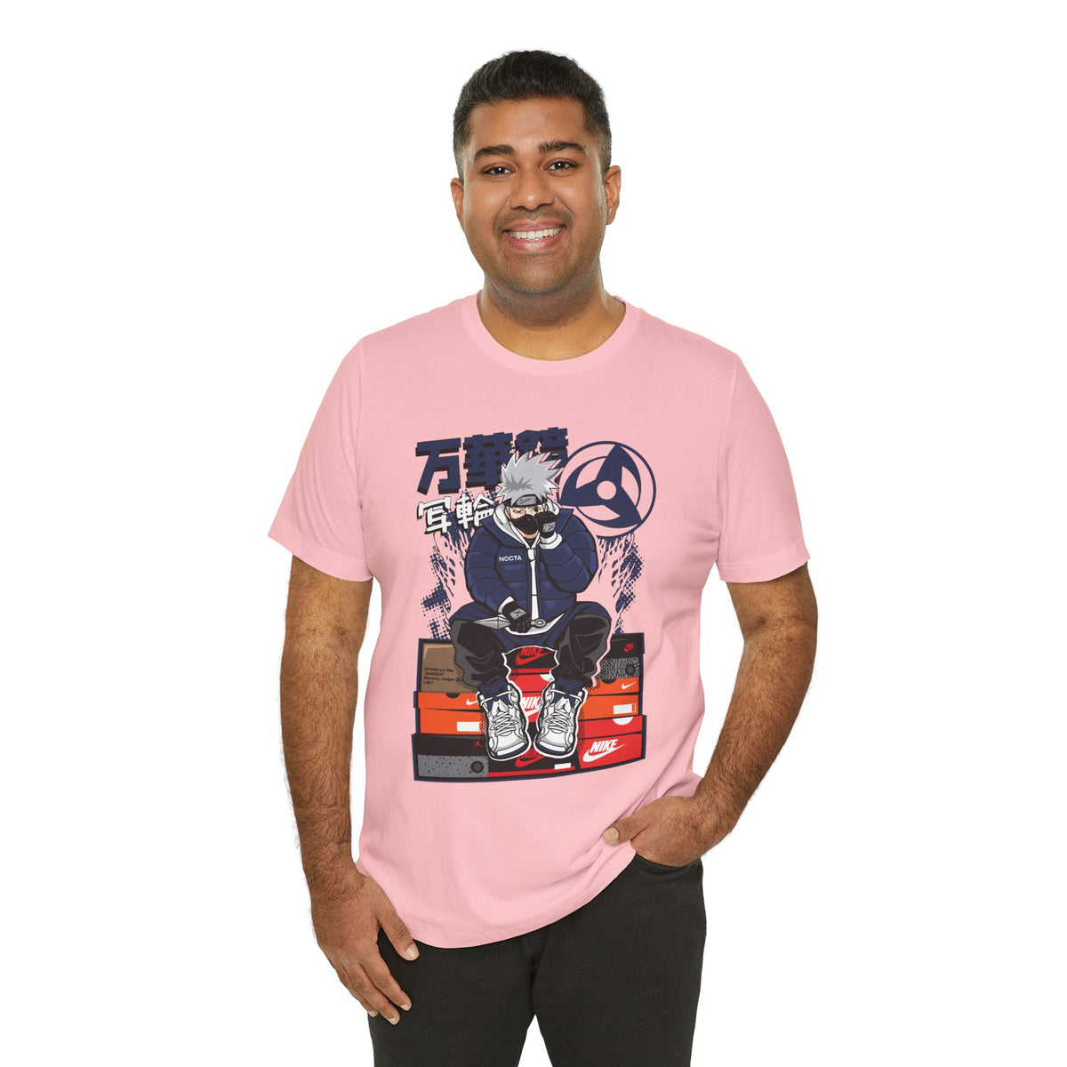 Anime Sneakerhead Tee — Sitting Character on Shoe Boxes with Japanese Text