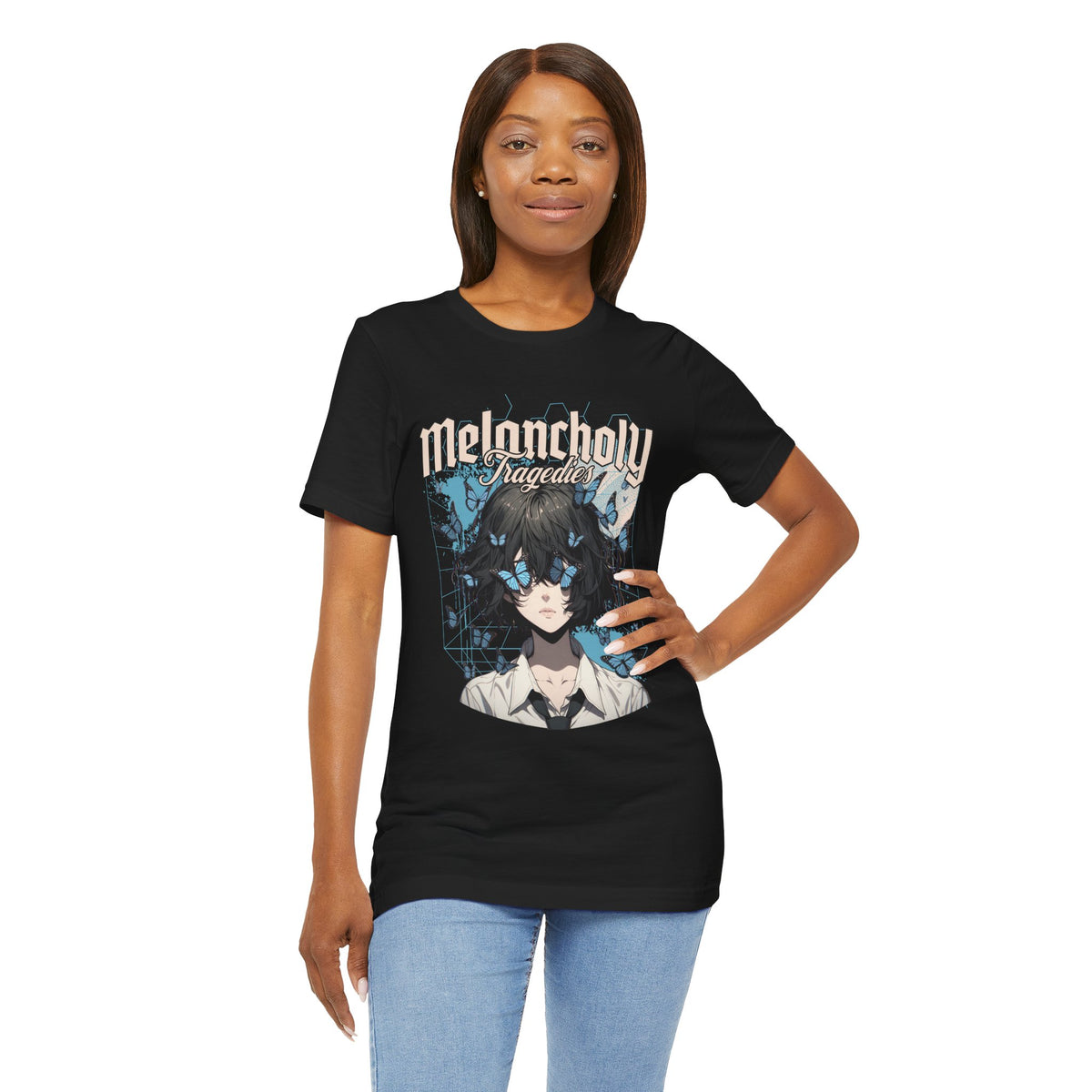 Melancholy Tragedia Anime Tee — Blue Butterflies Graphic T-Shirt