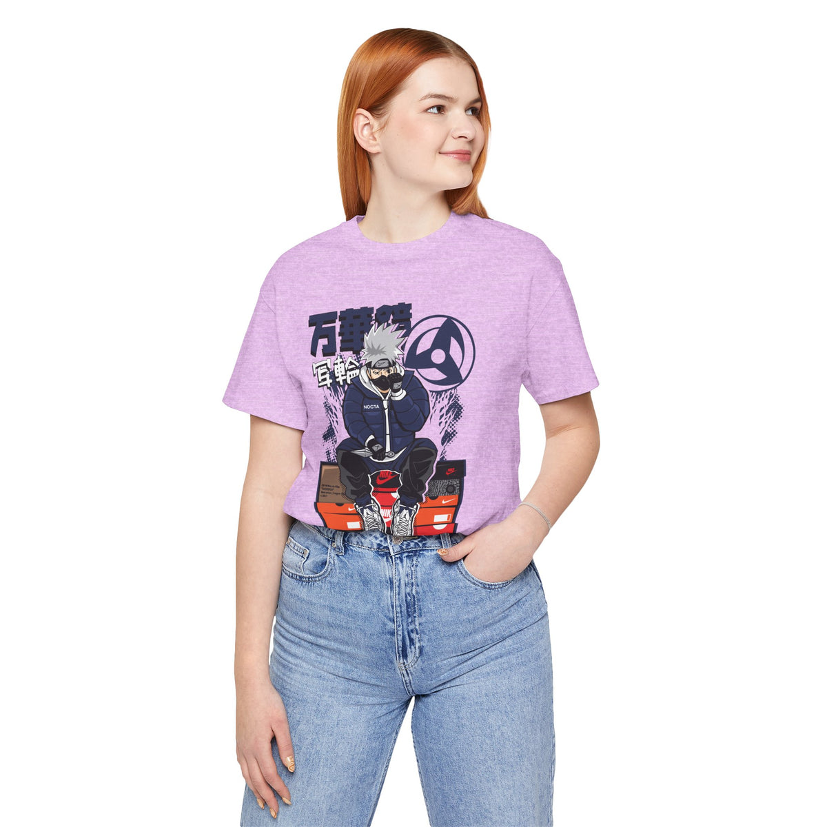 Anime Sneakerhead Tee — Sitting Character on Shoe Boxes with Japanese Text