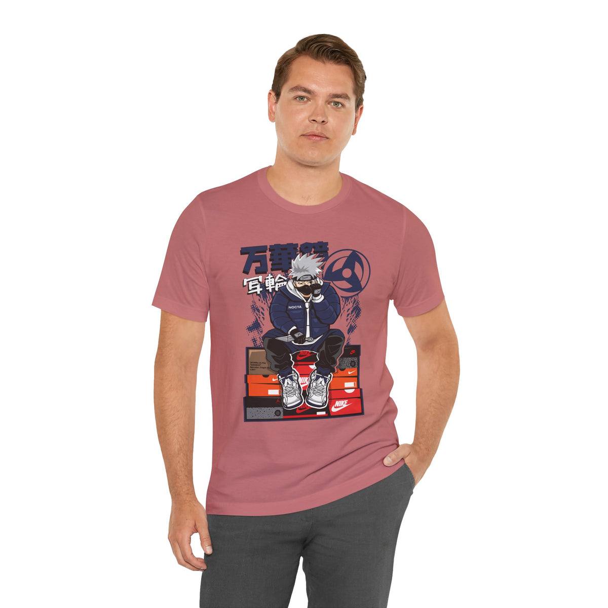 Anime Sneakerhead Tee — Sitting Character on Shoe Boxes with Japanese Text