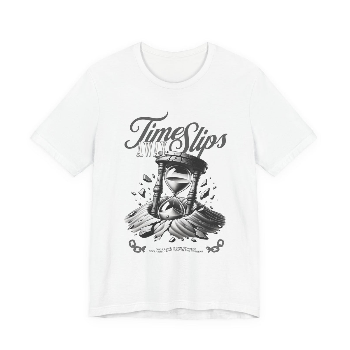 Time Slips Hourglass T‑Shirt — Vintage Black & White Graphic Tee