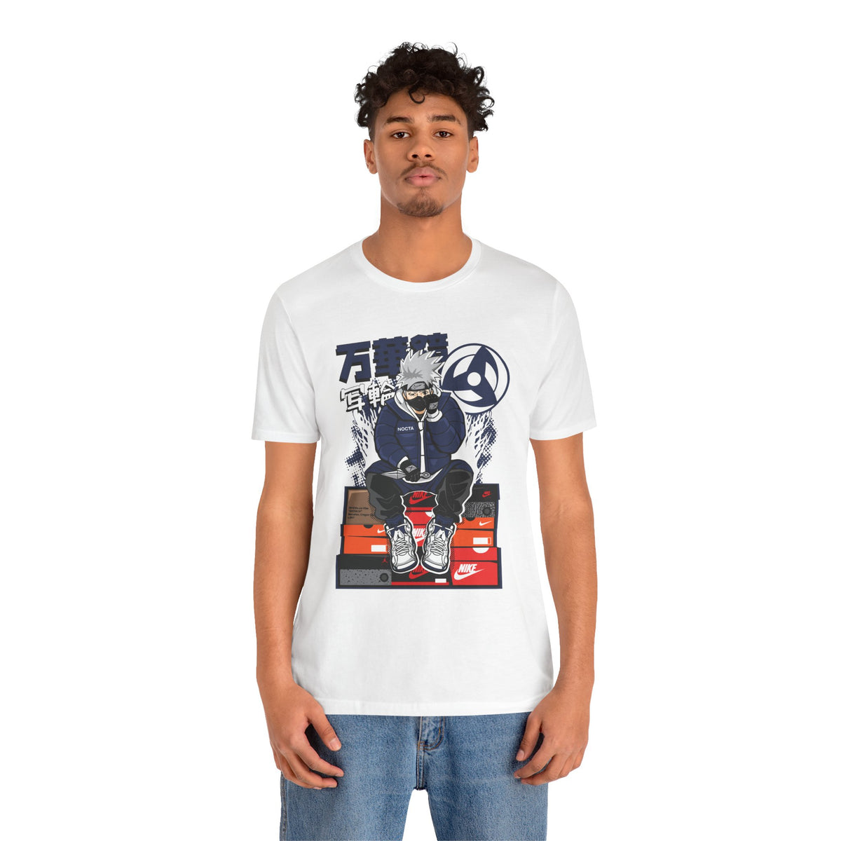Anime Sneakerhead Tee — Sitting Character on Shoe Boxes with Japanese Text