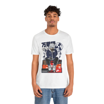 Anime Sneakerhead Tee — Sitting Character on Shoe Boxes with Japanese Text