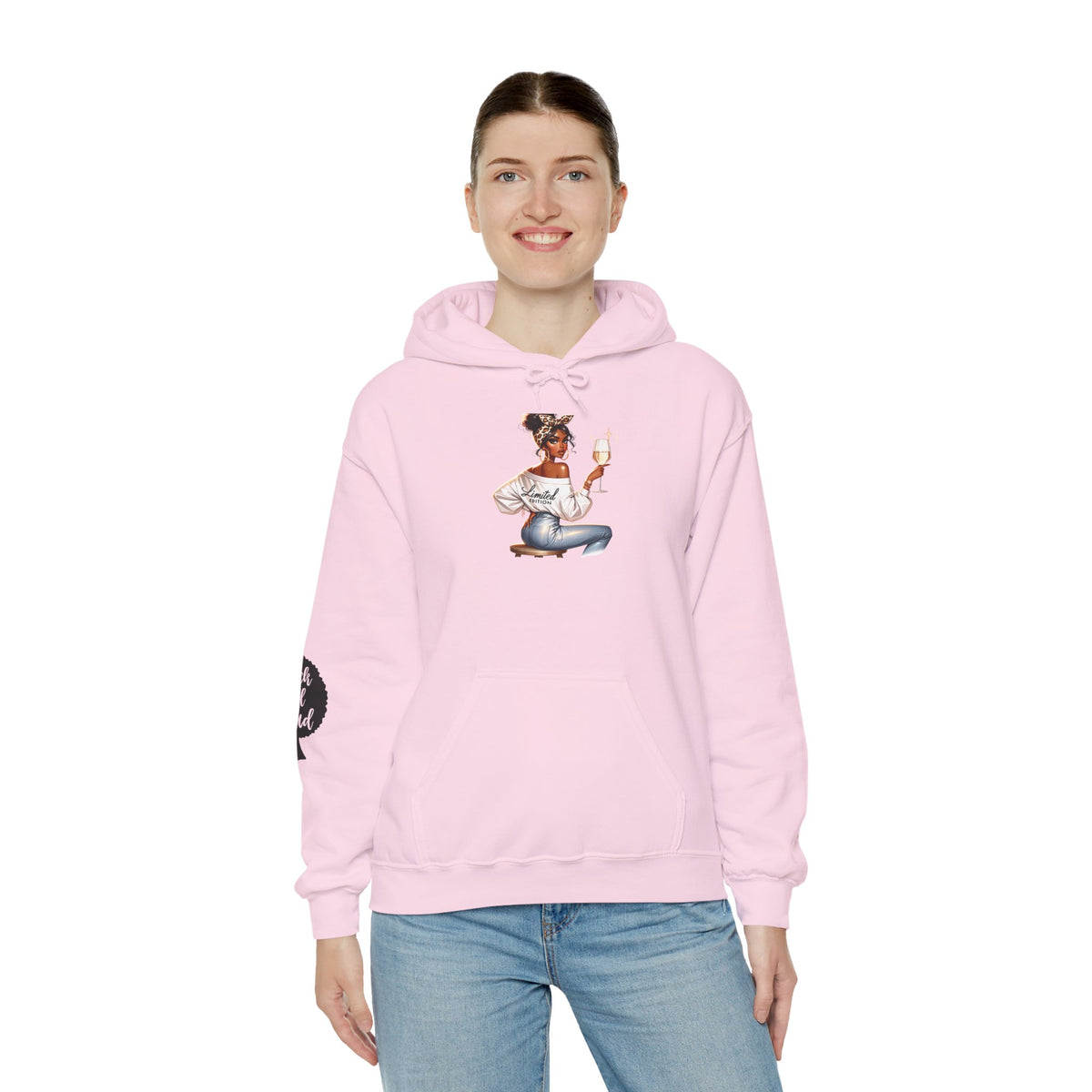 Cozy Chick Hoodie — Fashionable Woman Relaxing with Coffee Graphic Hooded Sweatshirt