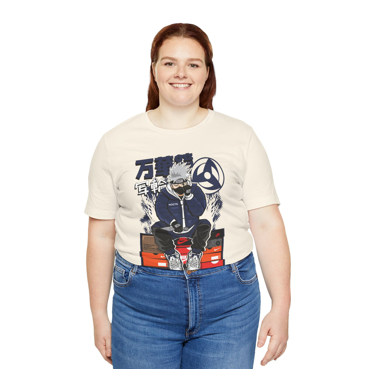Anime Sneakerhead Tee — Sitting Character on Shoe Boxes with Japanese Text