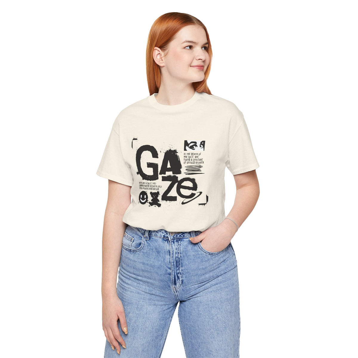 Gaze Typography Graphic Tee — Abstract Monochrome Text Art T-Shirt