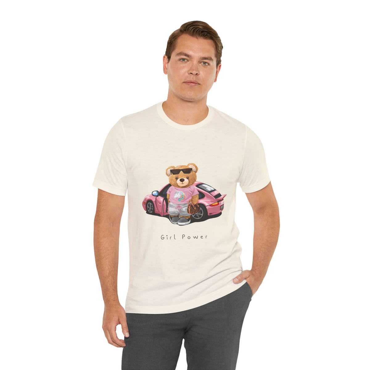 Girl Power Bear Tee — Cute Pink Car Teddy Graphic T-Shirt