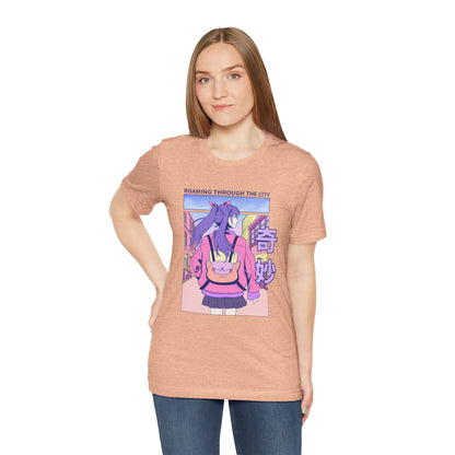 Roaming Through The City Anime Girl Tee — Vaporwave Cityscape Shirt