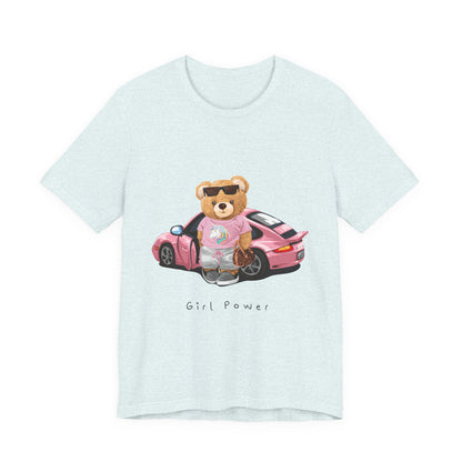 Girl Power Bear Tee — Cute Pink Car Teddy Graphic T-Shirt