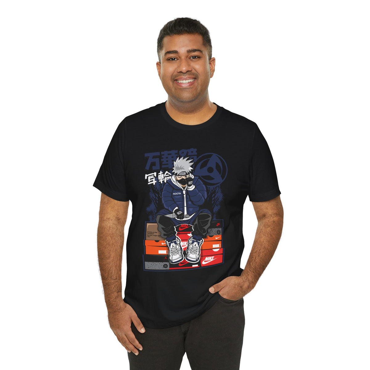 Anime Sneakerhead Tee — Sitting Character on Shoe Boxes with Japanese Text