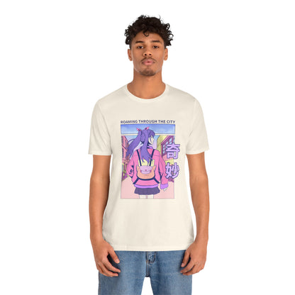 Roaming Through The City Anime Girl Tee — Vaporwave Cityscape Shirt