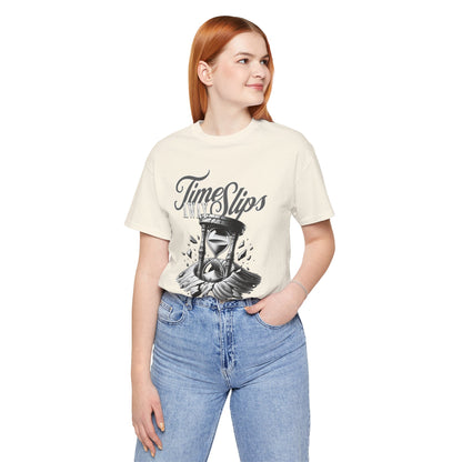 Time Slips Hourglass T‑Shirt — Vintage Black & White Graphic Tee