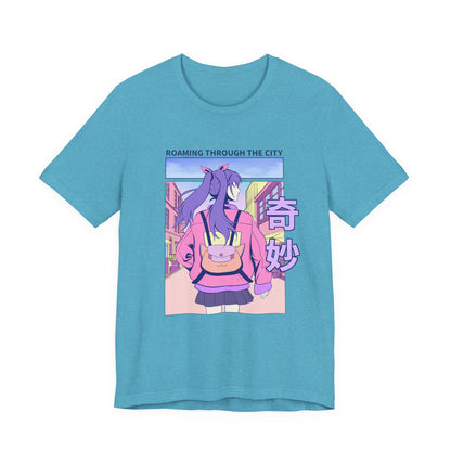 Roaming Through The City Anime Girl Tee — Vaporwave Cityscape Shirt