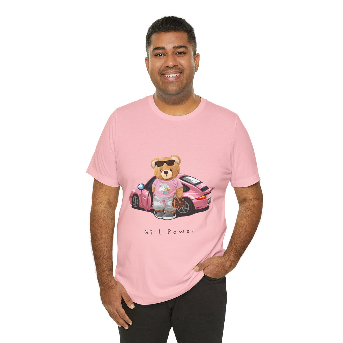 Girl Power Bear Tee — Cute Pink Car Teddy Graphic T-Shirt