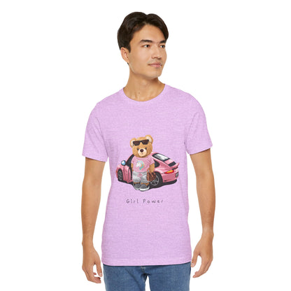 Girl Power Bear Tee — Cute Pink Car Teddy Graphic T-Shirt
