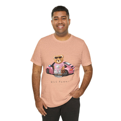 Girl Power Bear Tee — Cute Pink Car Teddy Graphic T-Shirt