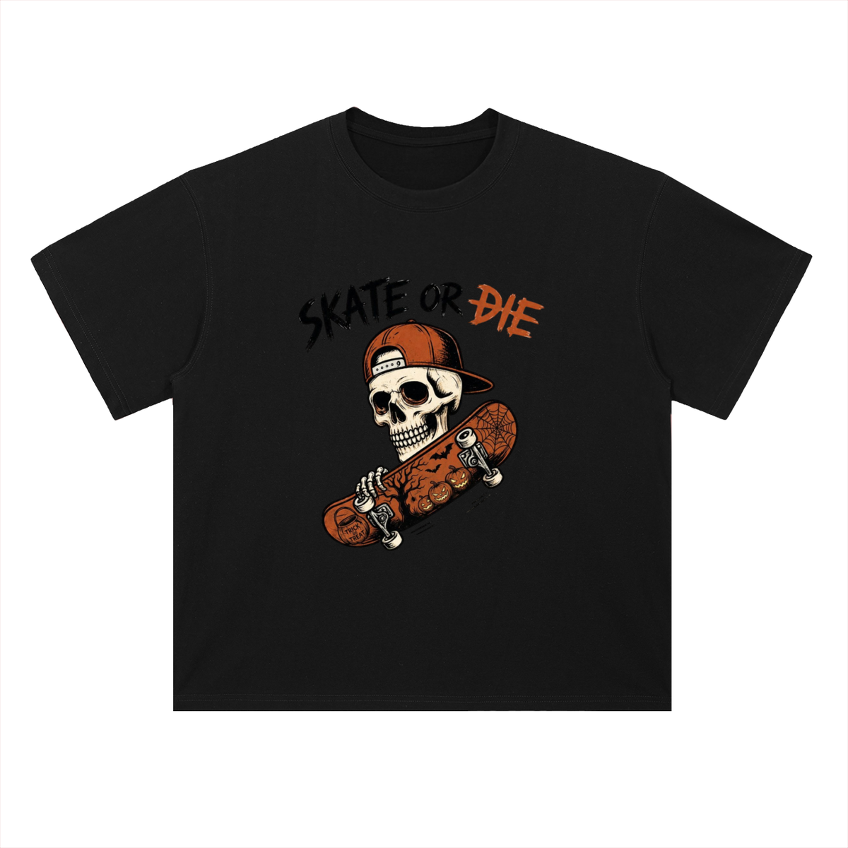 Skate or Die Skeleton Skateboarding Graphic Drop Shoulder Tee