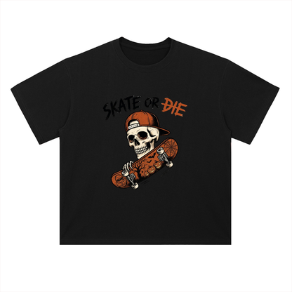 Skate or Die Skeleton Skateboarding Graphic Drop Shoulder Tee