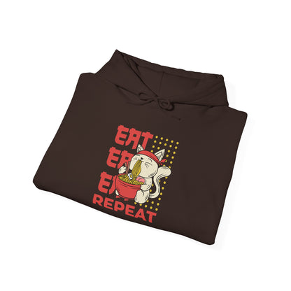 Eat Eat Eat Repeat Hoodie — Cute Cat Eating Ramen Graphic Sweatshirt