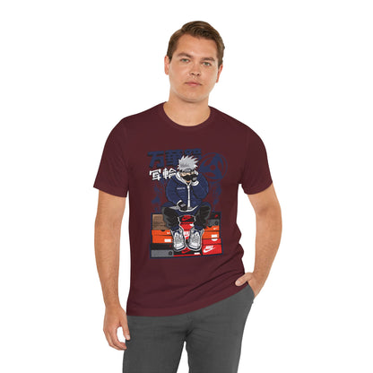 Anime Sneakerhead Tee — Sitting Character on Shoe Boxes with Japanese Text