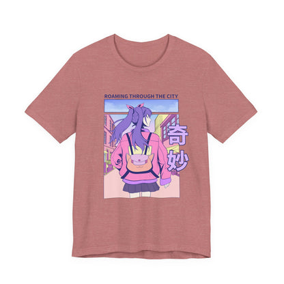 Roaming Through The City Anime Girl Tee — Vaporwave Cityscape Shirt