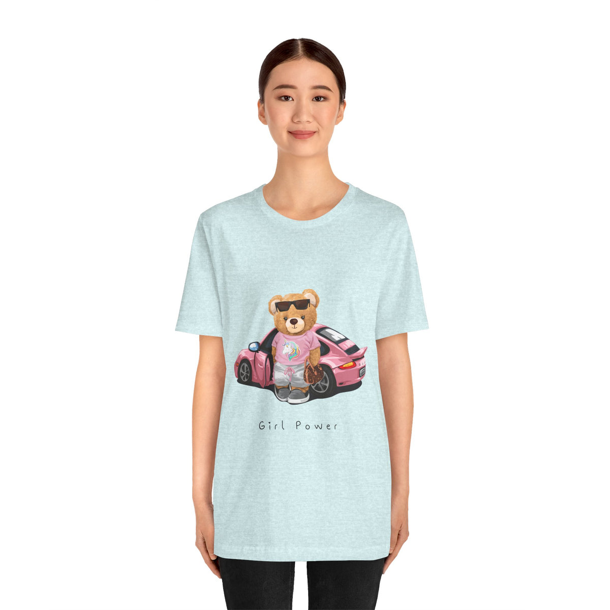 Girl Power Bear Tee — Cute Pink Car Teddy Graphic T-Shirt