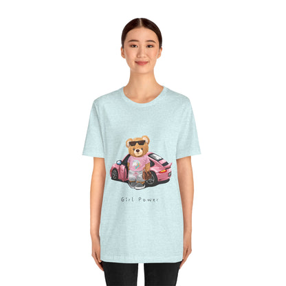 Girl Power Bear Tee — Cute Pink Car Teddy Graphic T-Shirt
