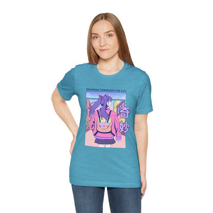 Roaming Through The City Anime Girl Tee — Vaporwave Cityscape Shirt