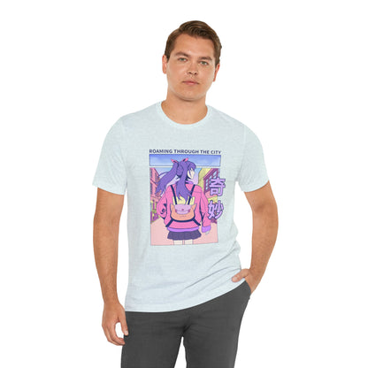 Roaming Through The City Anime Girl Tee — Vaporwave Cityscape Shirt