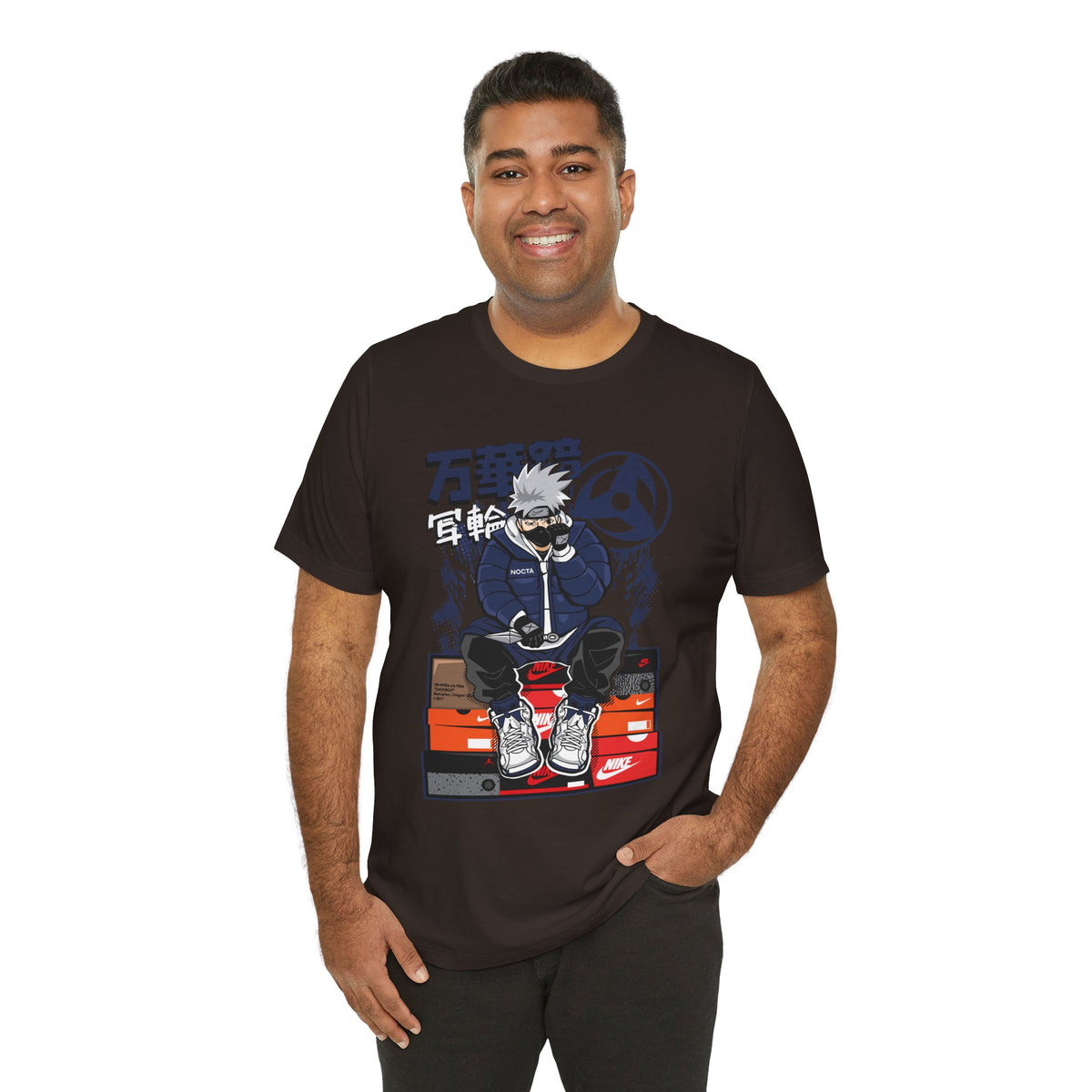 Anime Sneakerhead Tee — Sitting Character on Shoe Boxes with Japanese Text