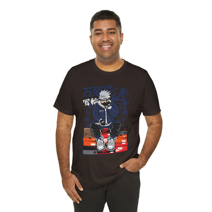 Anime Sneakerhead Tee — Sitting Character on Shoe Boxes with Japanese Text