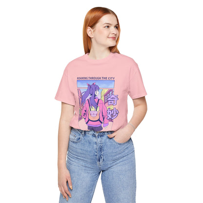 Roaming Through The City Anime Girl Tee — Vaporwave Cityscape Shirt