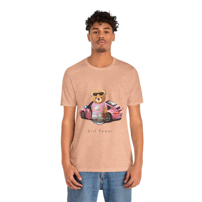 Girl Power Bear Tee — Cute Pink Car Teddy Graphic T-Shirt