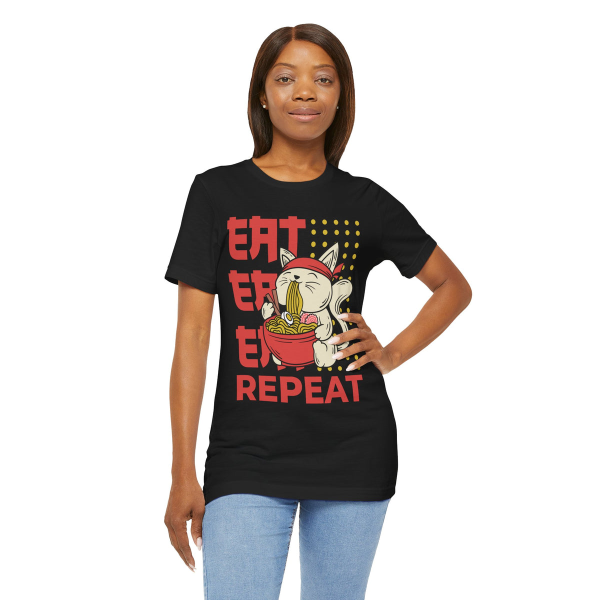 Ramen Cat Tee — "Eat Sleep Repeat" Cute Noodle Lover T-Shirt