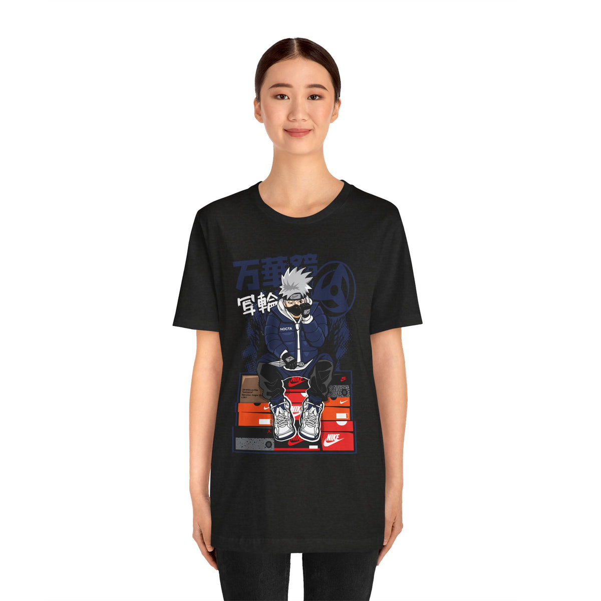 Anime Sneakerhead Tee — Sitting Character on Shoe Boxes with Japanese Text