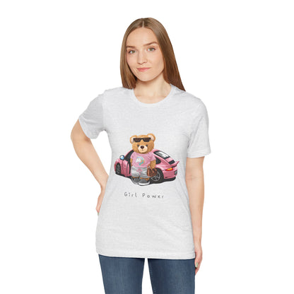 Girl Power Bear Tee — Cute Pink Car Teddy Graphic T-Shirt