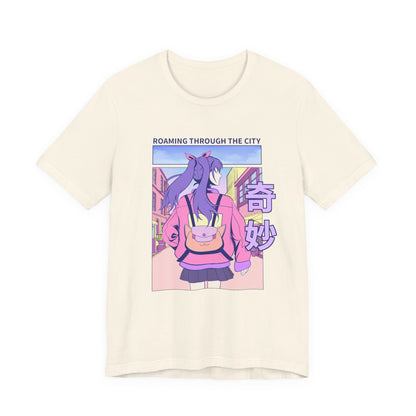 Roaming Through The City Anime Girl Tee — Vaporwave Cityscape Shirt