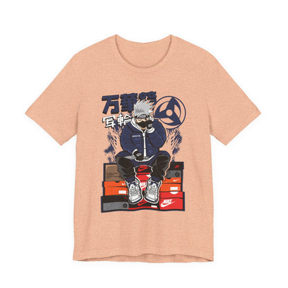 Anime Sneakerhead Tee — Sitting Character on Shoe Boxes with Japanese Text