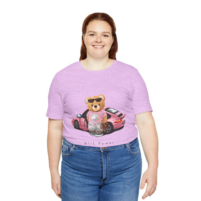Girl Power Bear Tee — Cute Pink Car Teddy Graphic T-Shirt