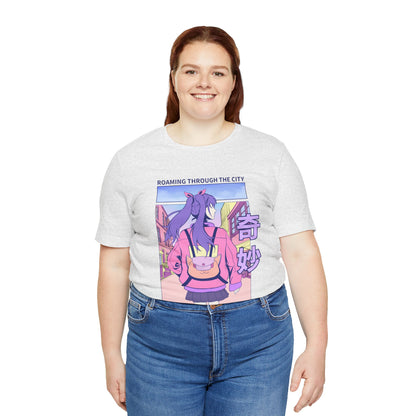Roaming Through The City Anime Girl Tee — Vaporwave Cityscape Shirt
