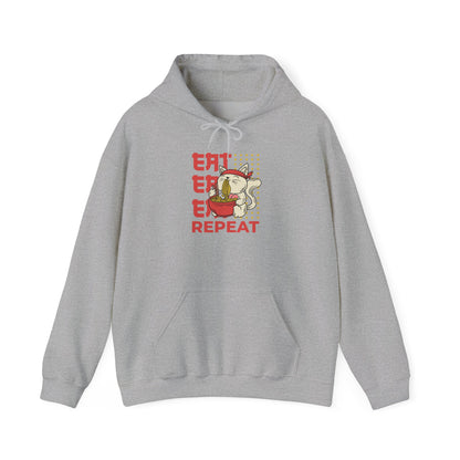 Eat Eat Eat Repeat Hoodie — Cute Cat Eating Ramen Graphic Sweatshirt
