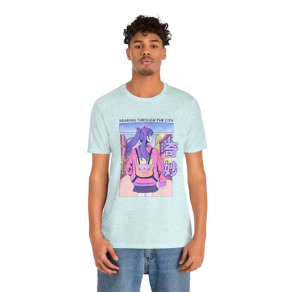 Roaming Through The City Anime Girl Tee — Vaporwave Cityscape Shirt