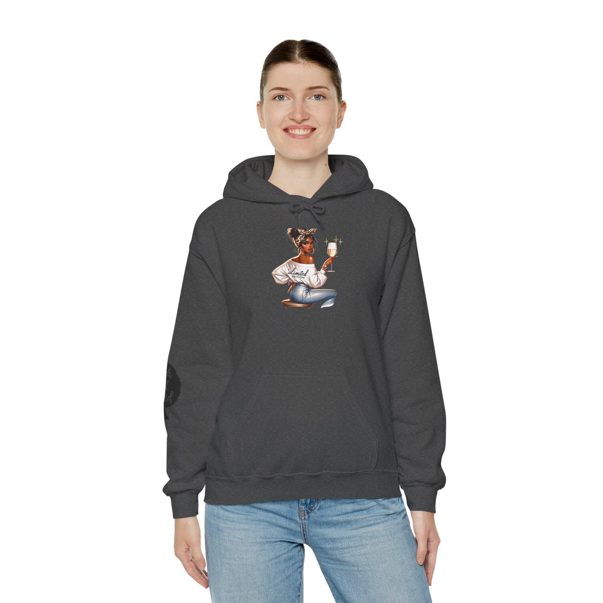Cozy Chick Hoodie — Fashionable Woman Relaxing with Coffee Graphic Hooded Sweatshirt