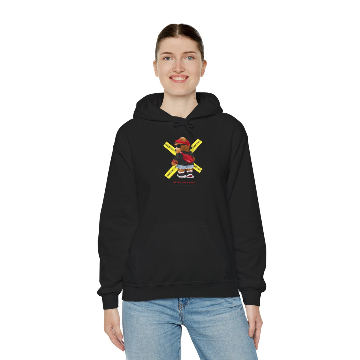 Hockey Bear Graphic Hoodie — 'Never Give Up' Cozy Skate Sweatshirt