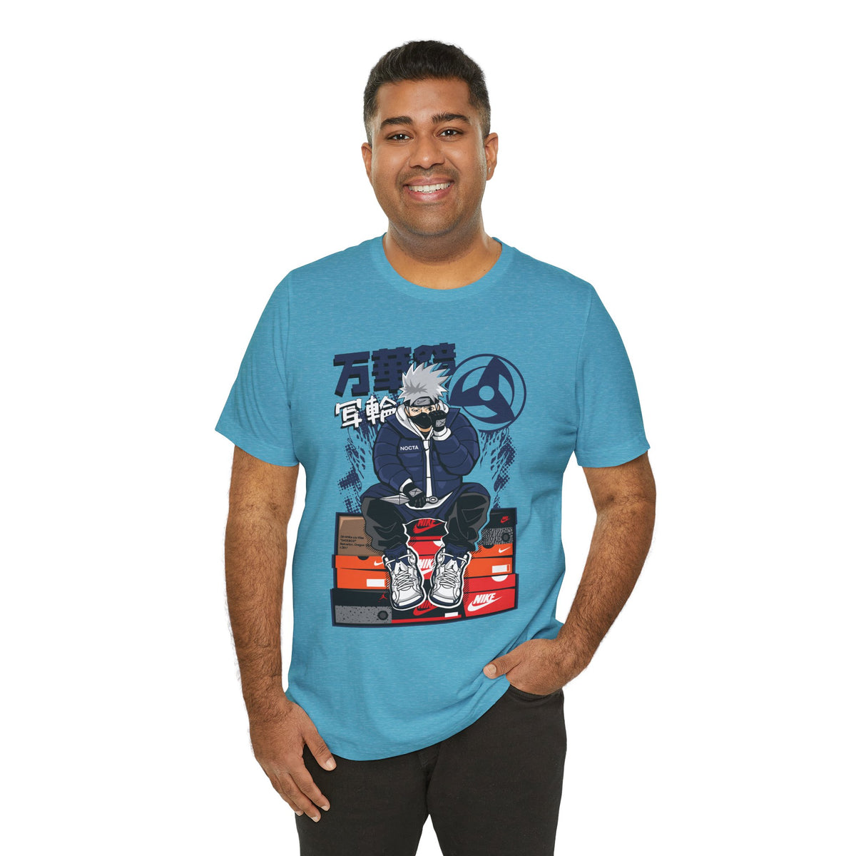 Anime Sneakerhead Tee — Sitting Character on Shoe Boxes with Japanese Text